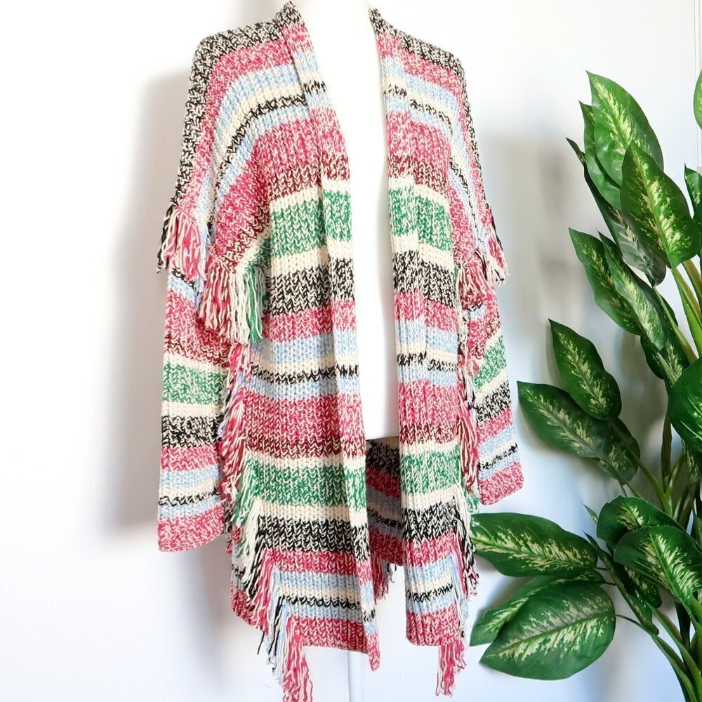 Maje Missy Multicolor Stripe Fringe Knit Long Sleeve Open Front Cardigan Sweater